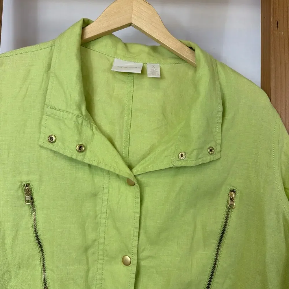 Chico’s Women’s Lime Green Lightweight Snap Closure Jacket XL Gold Tone Accents